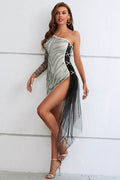 Zebra Print Rhinestone Slit Single Shoulder Dress - Hovatok
