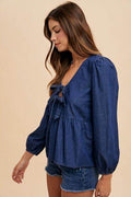Annie Wear Tie Front Peplum Long Sleeve Denim Top - Hovatok