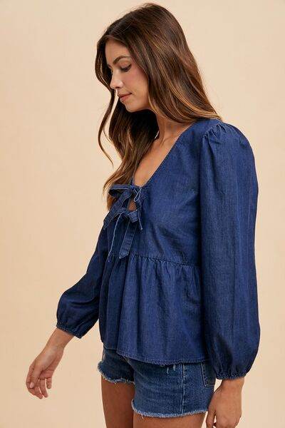 Annie Wear Tie Front Peplum Long Sleeve Denim Top - Hovatok