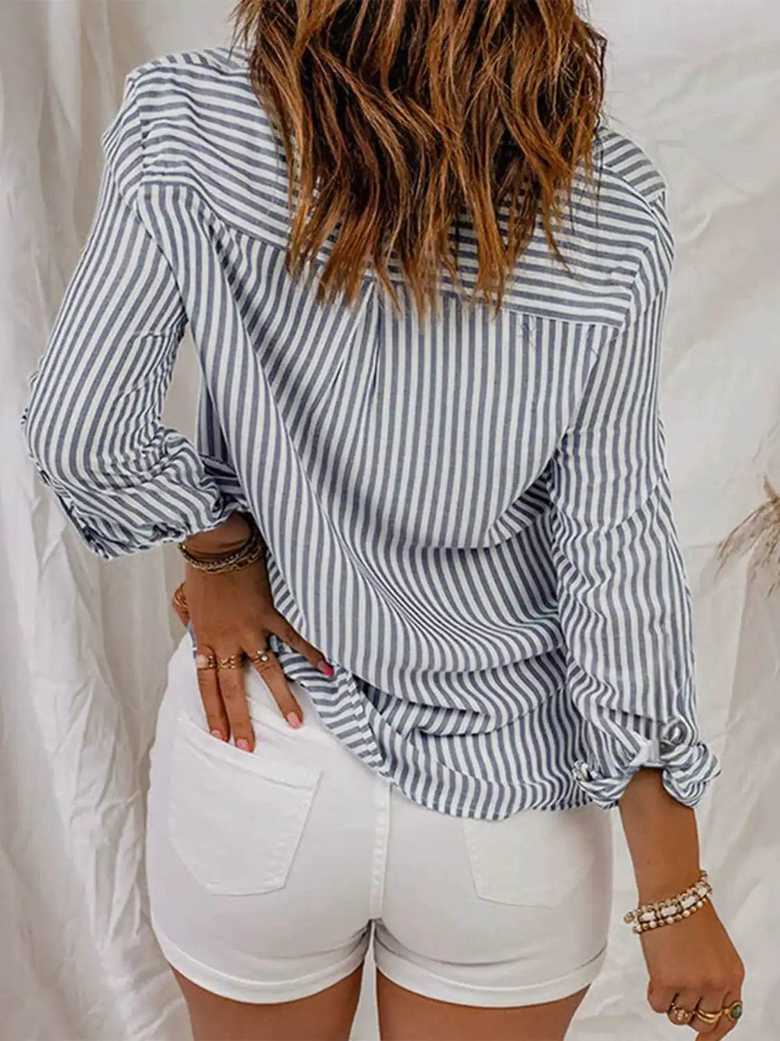 Devine Striped Collared Neck Long Sleeve Shirt - Hovatok
