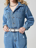 Distressed Button Down Drop Shoulder Denim Jumpsuit - Hovatok