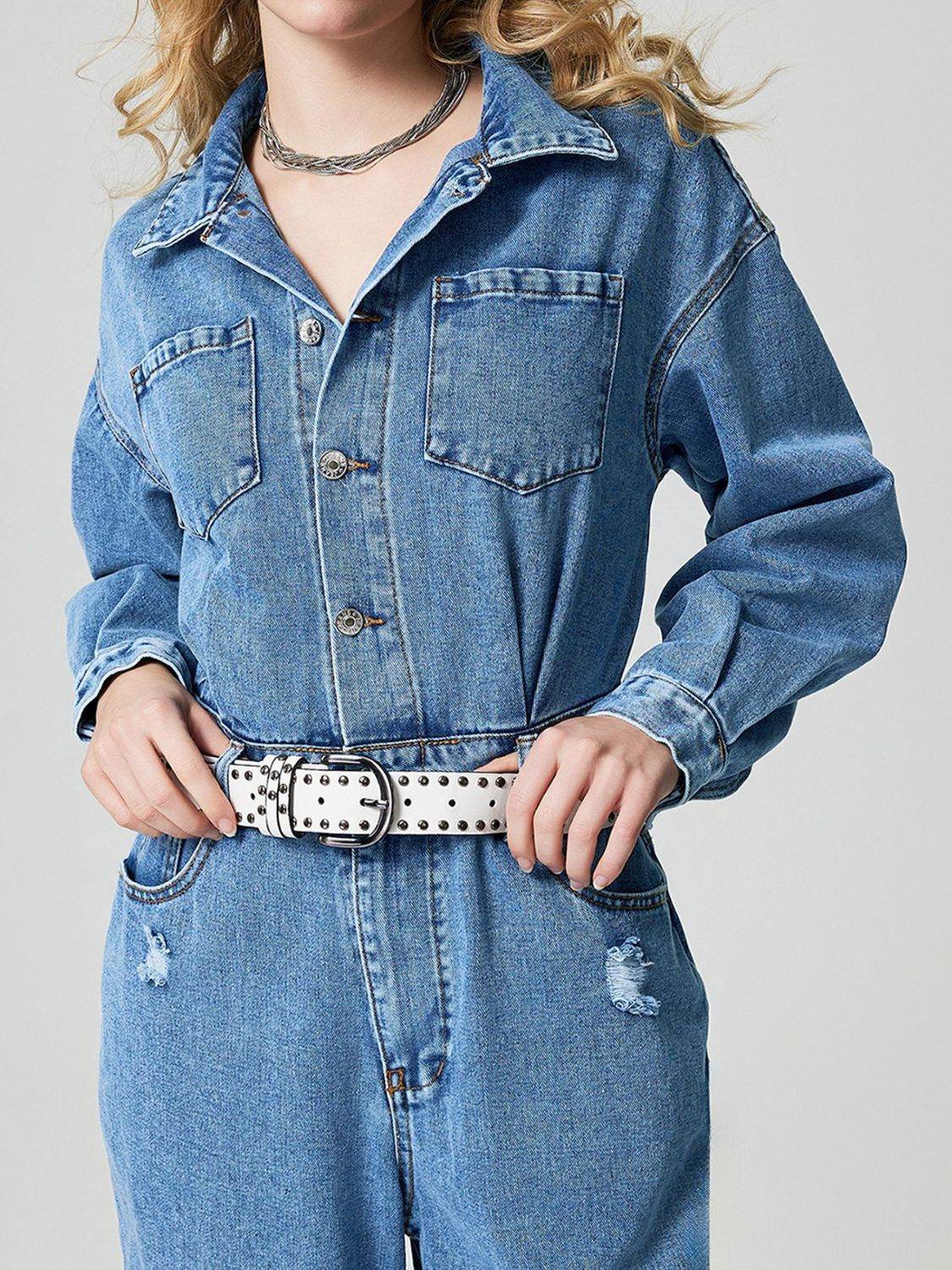 Distressed Button Down Drop Shoulder Denim Jumpsuit - Hovatok