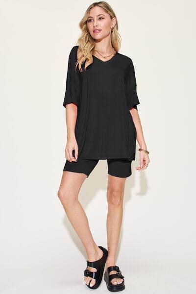 Basic Bae Bamboo Full Size V-Neck Drop Shoulder T-Shirt and Shorts Set - Hovatok