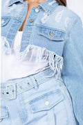American Bazi Distressed Denim Jacket with Frayed Hem - Hovatok