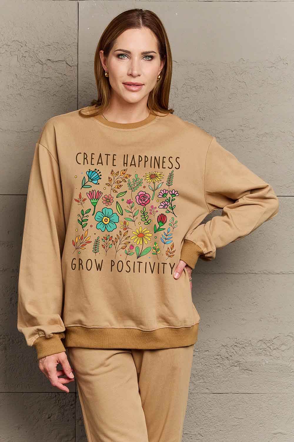 Simply Love Full Size CREATE HAPPINESS GROW POSITIVITY Graphic Sweatshirt - Hovatok