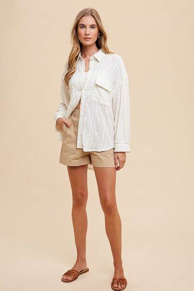 Annie Wear Openwork Button Down Drop Shoulder Shirt - Hovatok