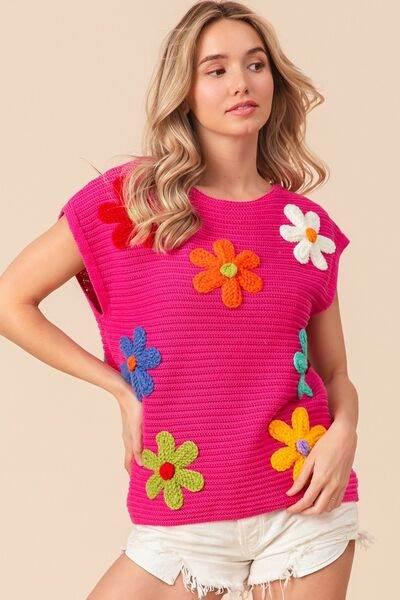 BiBi Flower Round Neck Cap Sleeve Knit Top - Hovatok