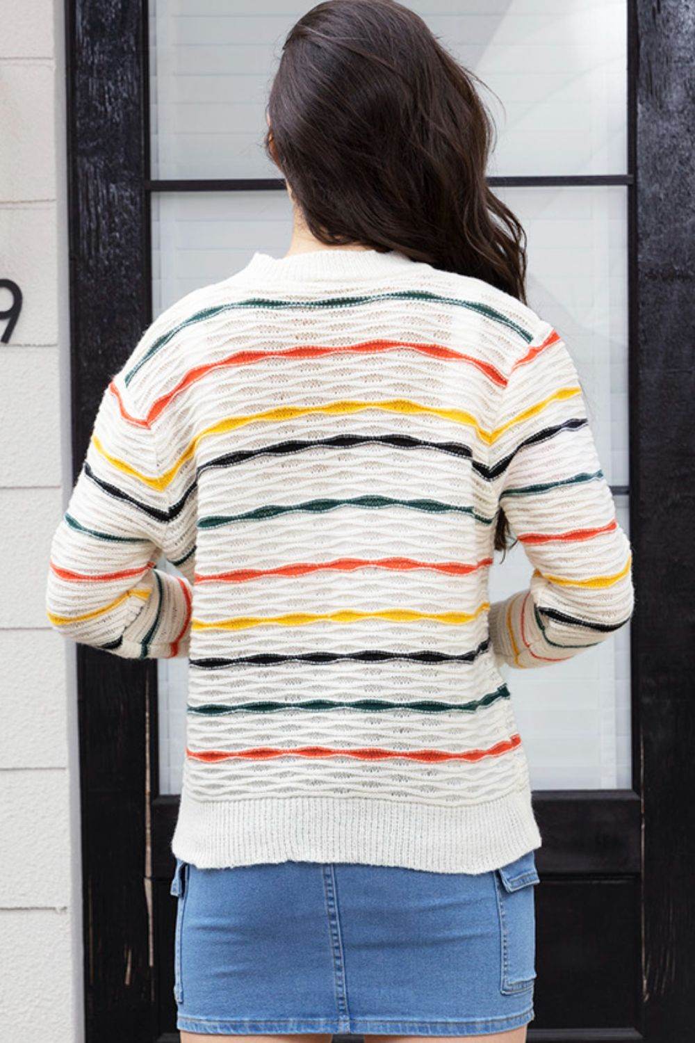 Striped Round Neck Long Sleeve Sweater - Hovatok