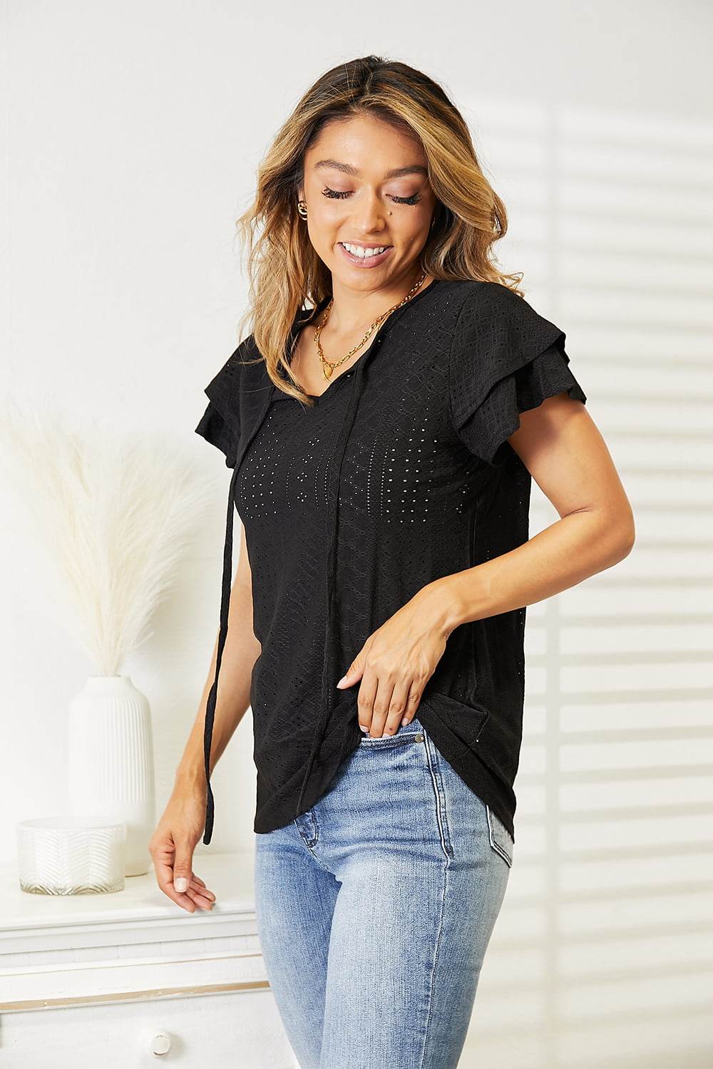 Mandy Eyelet Tie-Neck Flutter Sleeve Blouse - Hovatok