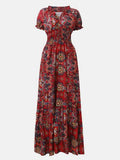 Full Size Smocked Printed V-Neck Short Sleeve Dress - Hovatok