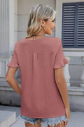 Ruffled V-Neck Short Sleeve Blouse - Hovatok