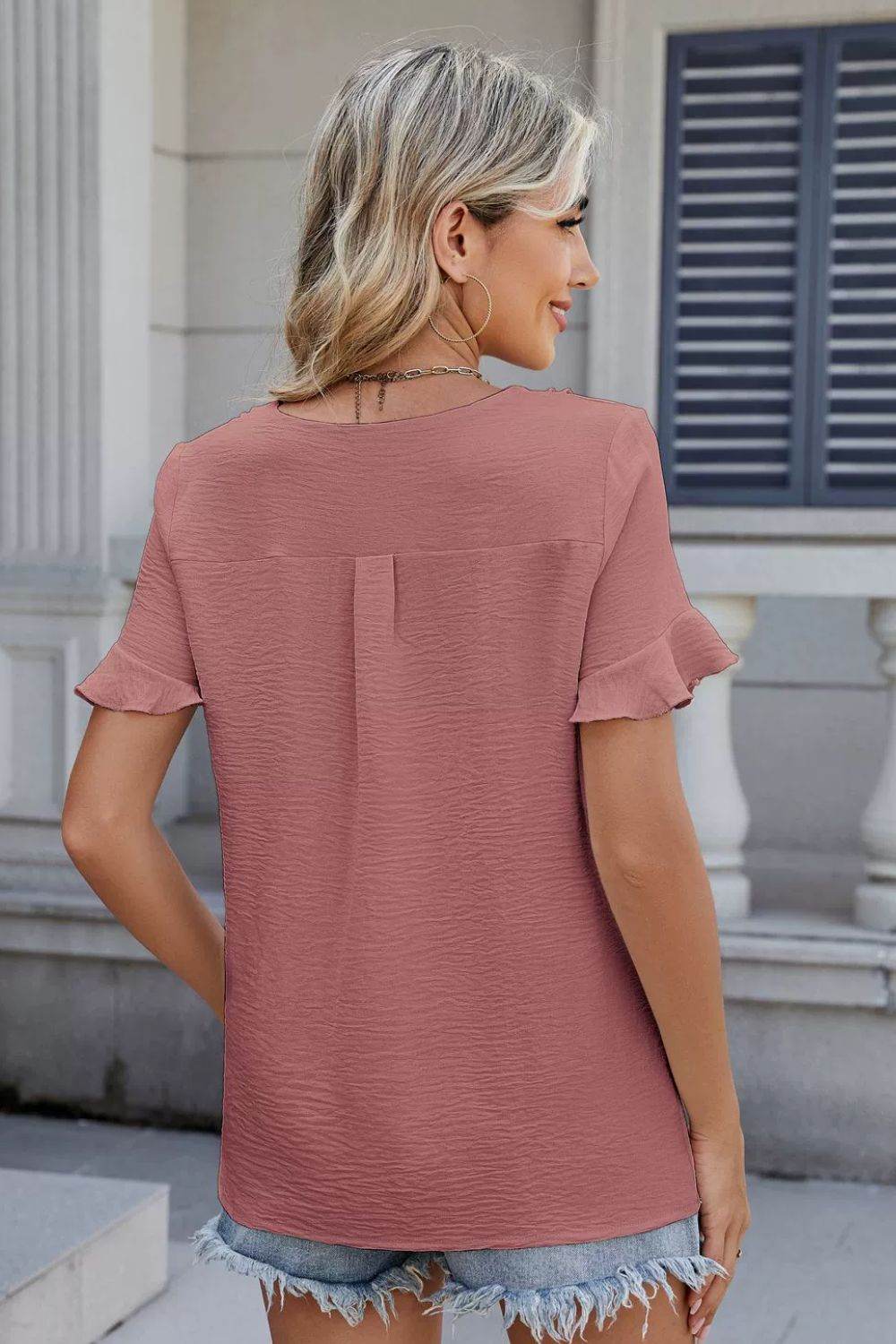 Ruffled V-Neck Short Sleeve Blouse - Hovatok