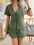 Devine Tied V-Neck Short Sleeve Top and Shorts Set - Hovatok