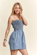 ADORA Smocked Spaghetti Strap Denim Romper - Hovatok