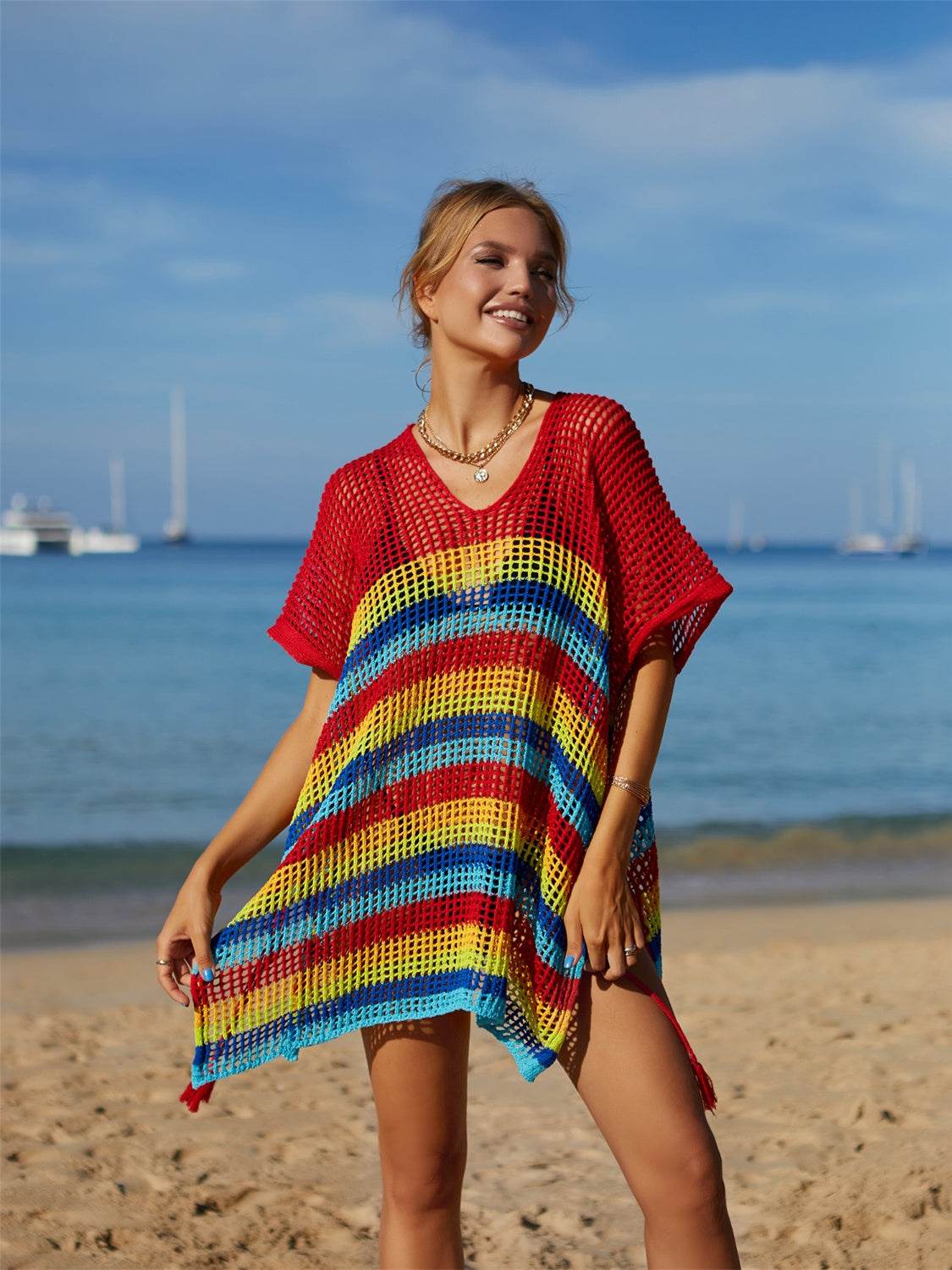 Angel Wings Cutout Striped Cover-Up with Tassel - Hovatok