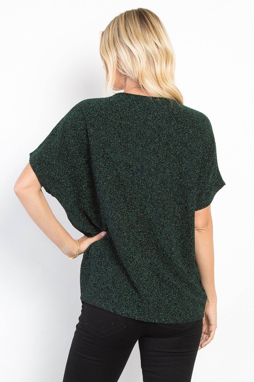 Be Stage Full Size Lurex Center Elastic Cinched Knit Top - Hovatok