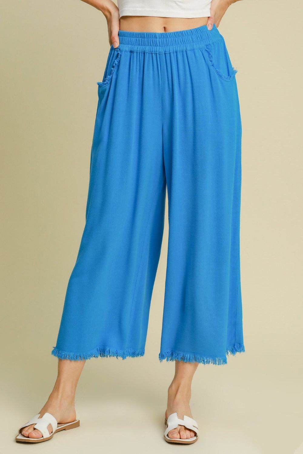 Umgee Full Size Linen Blend Elastic Waistband Wide Leg Pants Plus Size - Hovatok