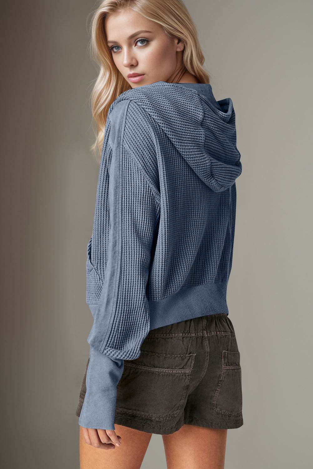 Double Take Waffle-Knit Zip Up Long Sleeve Hooded Jacket - Hovatok