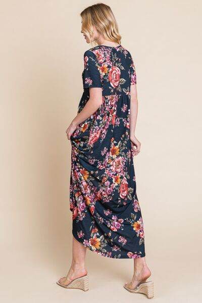 BOMBOM Floral Short Sleeve Maxi Dress - Hovatok