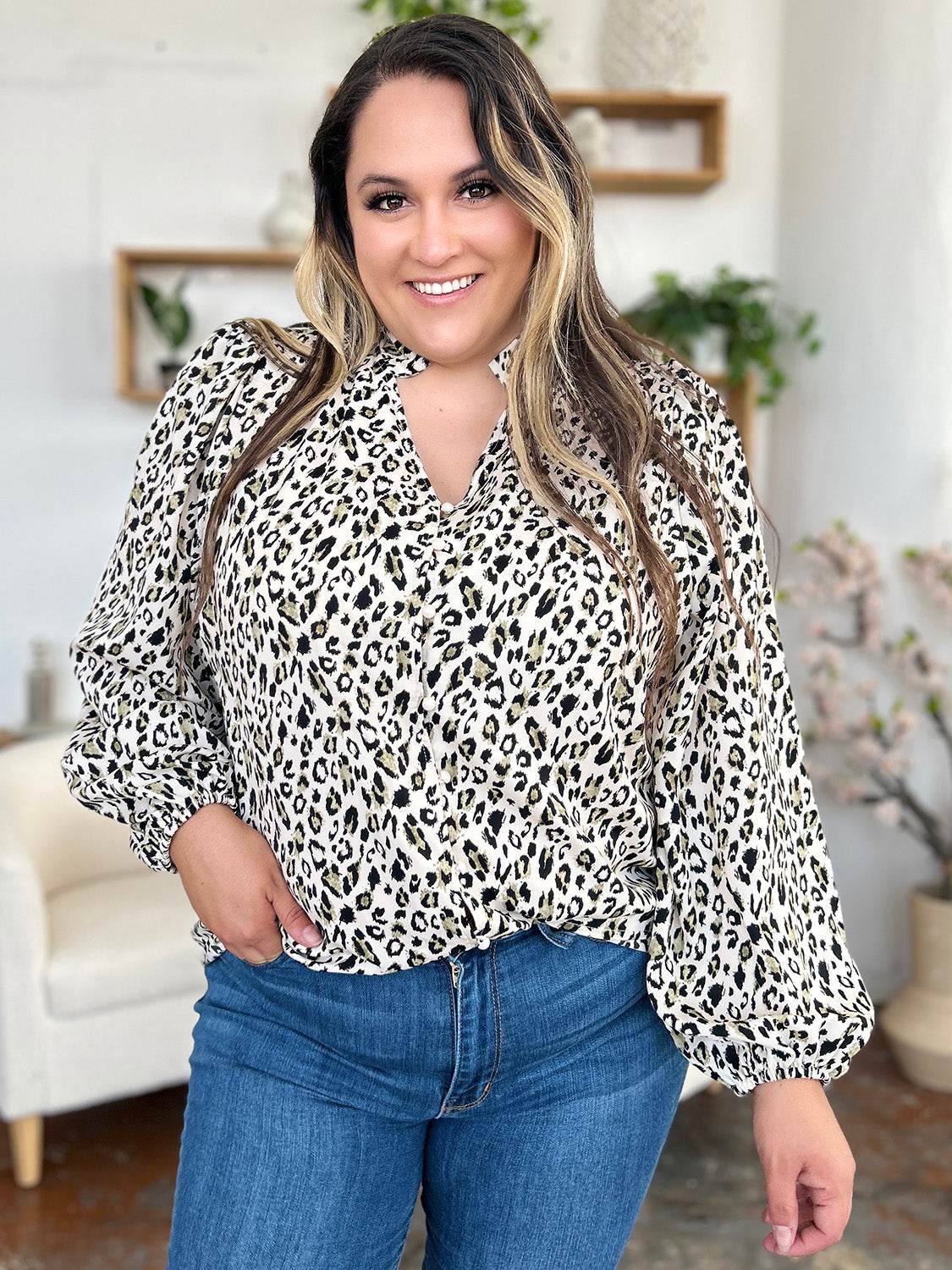 Double Take Full Size Leopard Long Sleeve Blouse - Hovatok