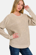Zenana High Low Long Sleeve Waffle Sweater - Hovatok