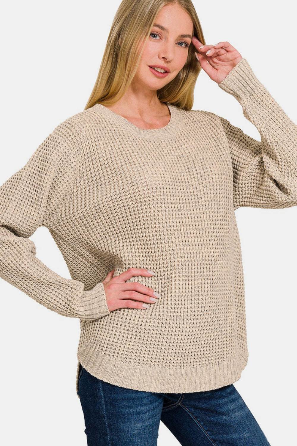 Zenana High Low Long Sleeve Waffle Sweater - Hovatok