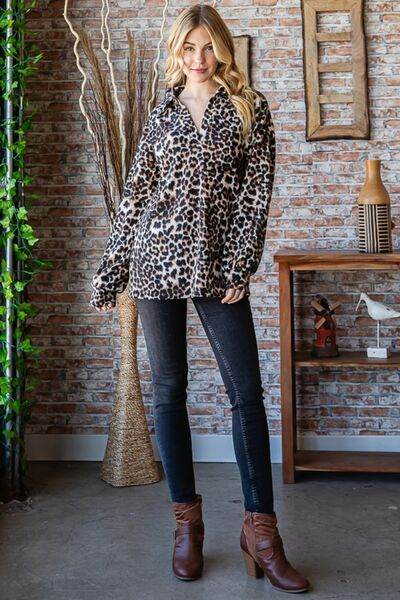 Heimish Full Size Leopard Johnny Collar Long Sleeve Top - Hovatok