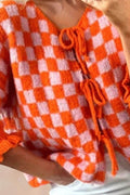 Double Take Tied Checkered Dropped Shoulder Flounce Sleeve Cardigan - Hovatok
