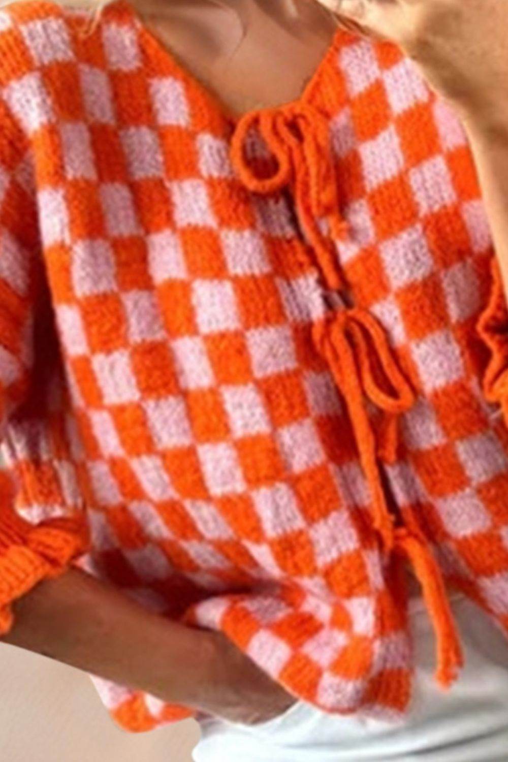 Double Take Tied Checkered Dropped Shoulder Flounce Sleeve Cardigan - Hovatok