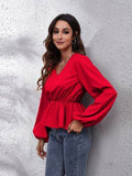 V-Neck Balloon Sleeve Peplum Blouse - Hovatok