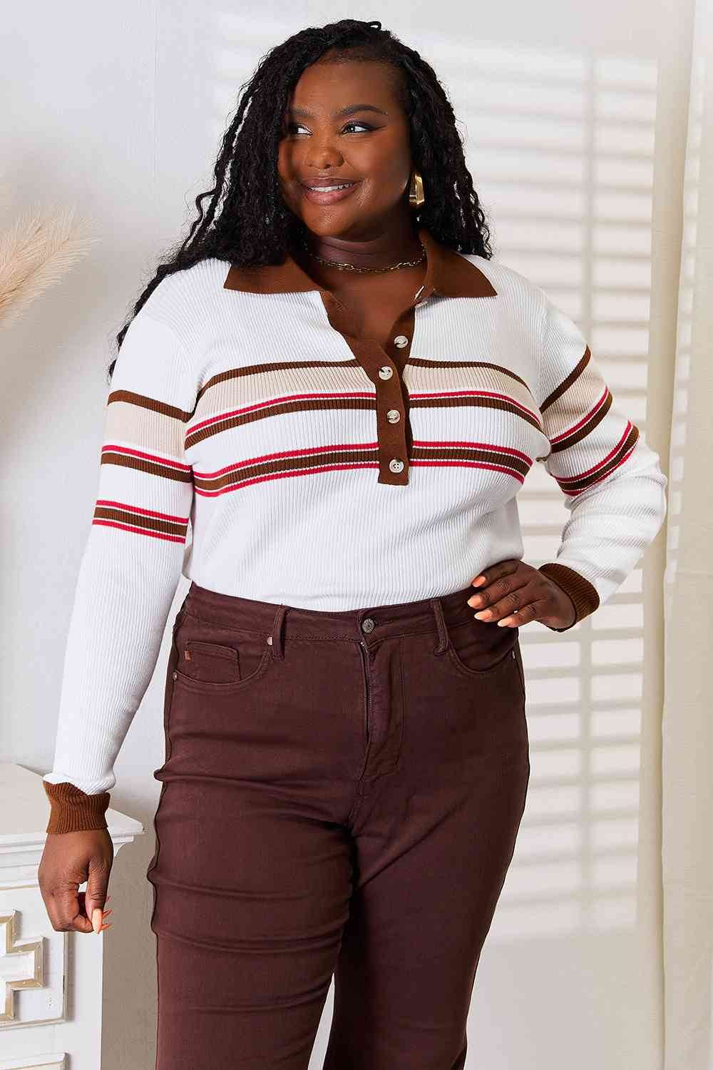 Basic Bae Striped Collared Neck Rib-Knit Top - Hovatok