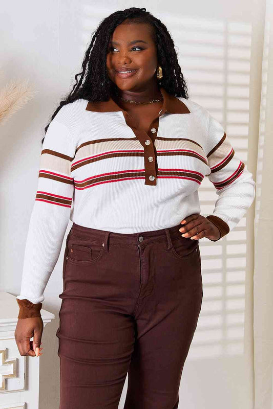 Basic Bae Striped Collared Neck Rib-Knit Top - Hovatok