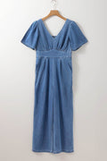 V Neck Short Sleeve Smocked Back Denim Jumpsuit - Hovatok