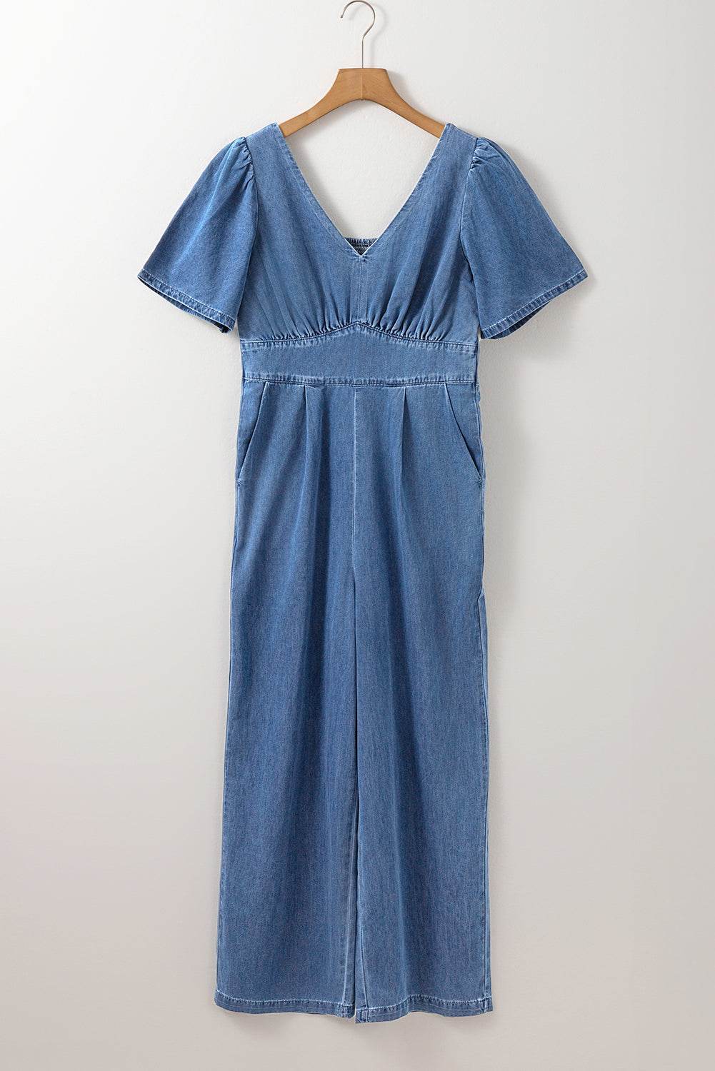 V Neck Short Sleeve Smocked Back Denim Jumpsuit - Hovatok