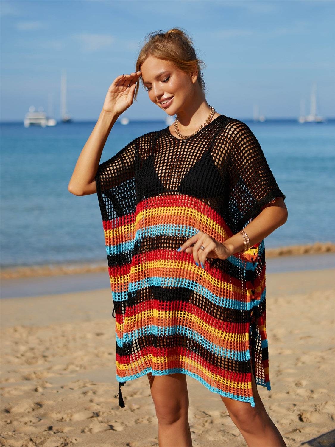 Angel Wings Cutout Striped Cover-Up with Tassel - Hovatok