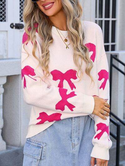 Angel Wings Bow Round Neck Dropped Shoulder Sweater - Hovatok