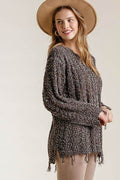 Umgee Full Size Frayed Hem Cable Knit Round Neck Sweater Plus Size - Hovatok