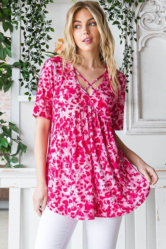 Heimish Full Size Short Sleeve Crisscross Animal Babydoll Top Plus Size - Hovatok