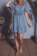 Ruffled Hem Smocked Flutter Sleeve Denim Mini Dress - Hovatok