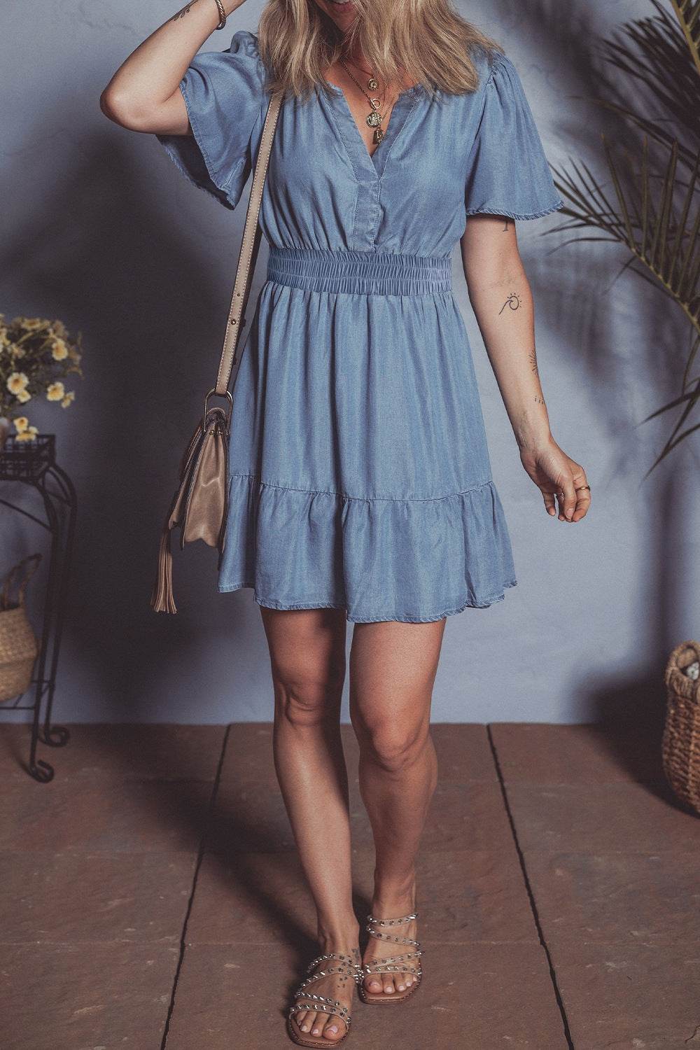 Ruffled Hem Smocked Flutter Sleeve Denim Mini Dress - Hovatok