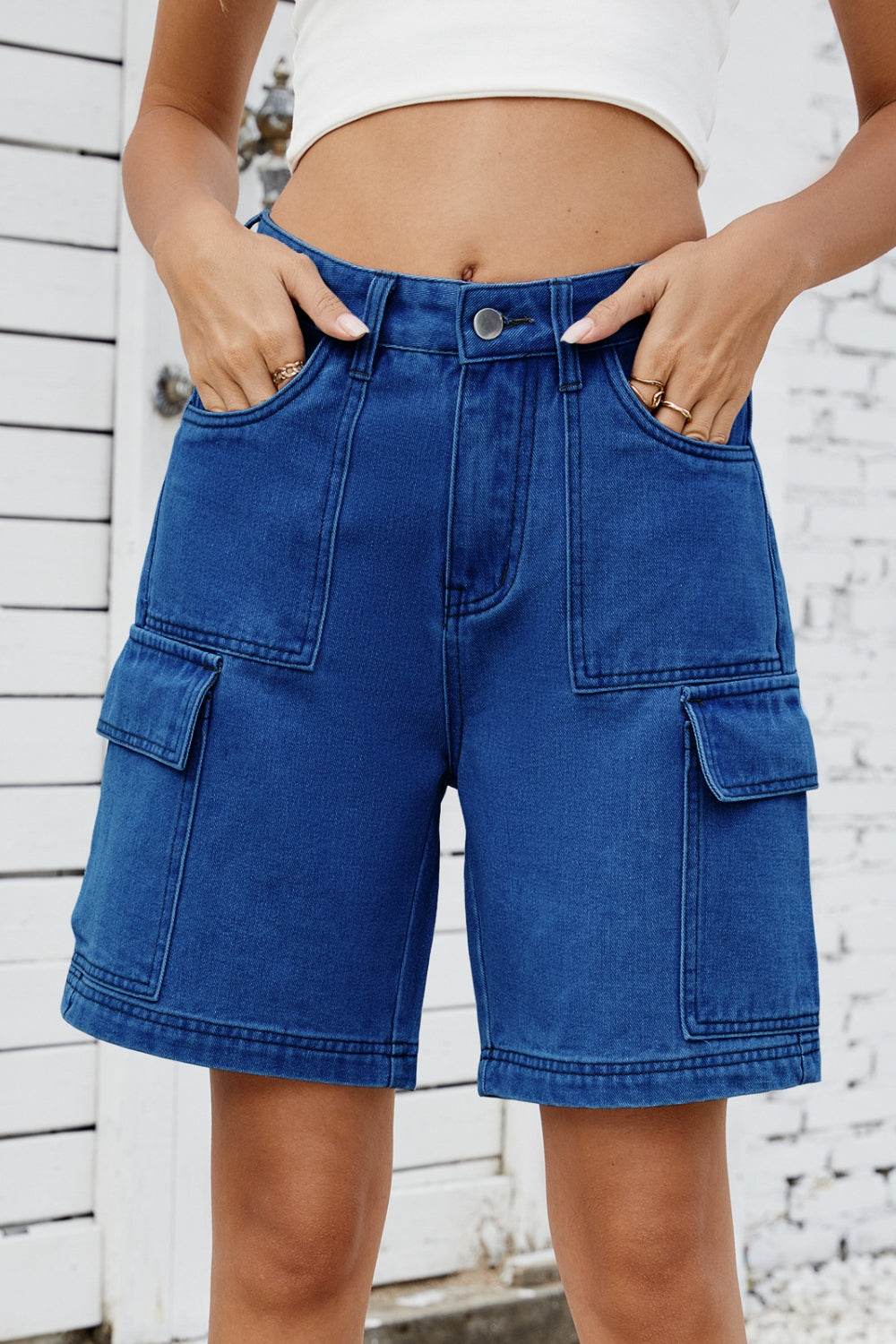 High Rise Denim Shorts with Cargo Pockets - Hovatok