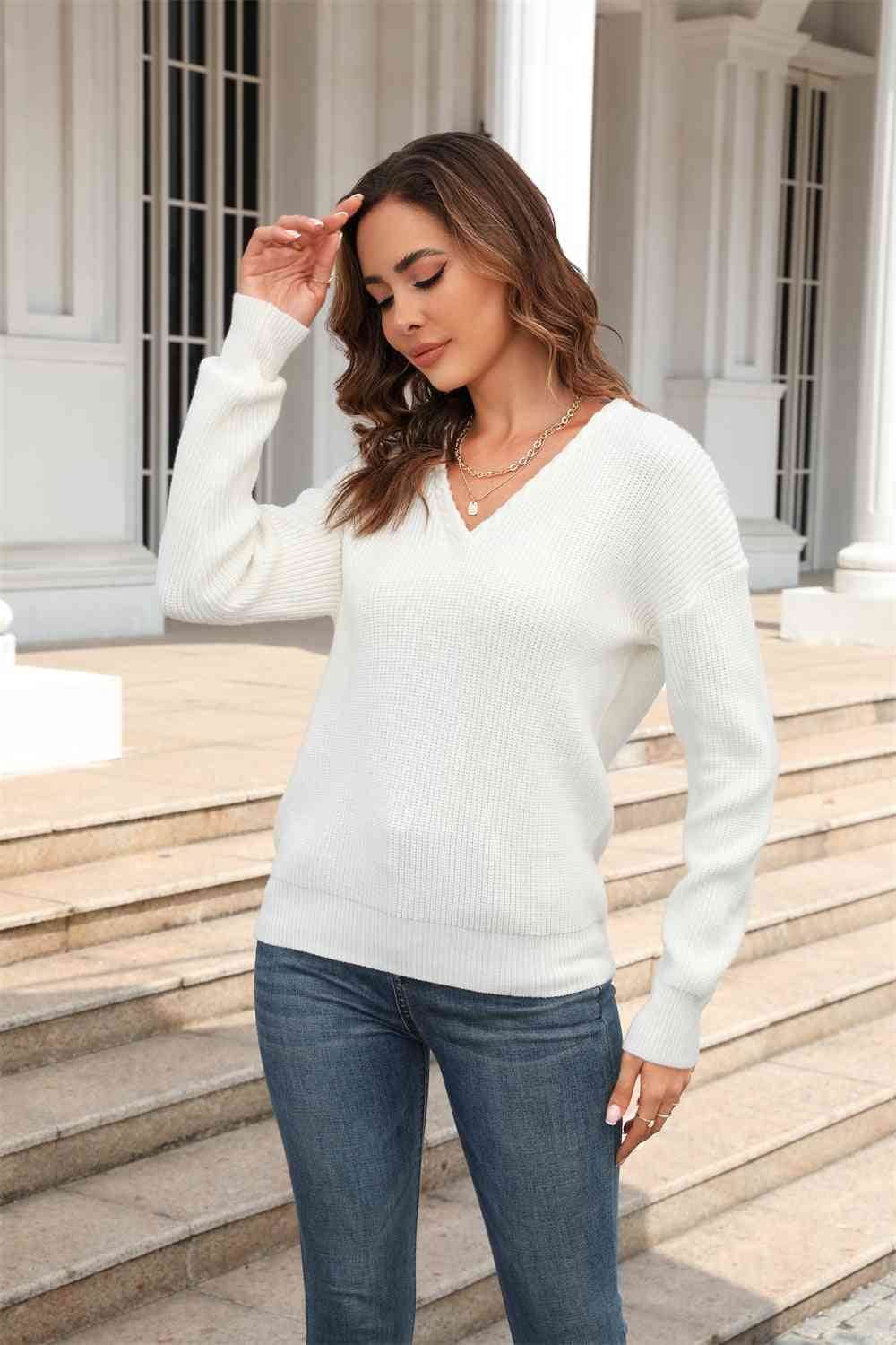Angel Wings Ribbed V-Neck Dropped Shoulder Knit Top - Hovatok