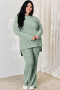 Basic Bae Full Size Ribbed High-Low Top and Wide Leg Pants Set - Hovatok