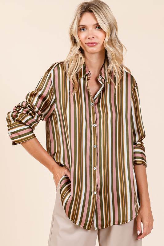 Mittoshop Striped Button Down Satin Shirt - Hovatok