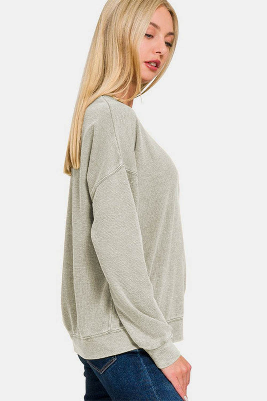 Zenana Washed Round Neck Dropped Shoulder Sweatshirt - Hovatok