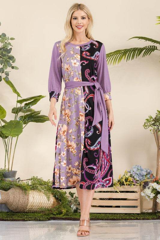 Celeste Full Size Paisley And Floral Contrast Tent Midi Dress Plus Size - Hovatok
