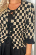 Double Take Tied Checkered Dropped Shoulder Flounce Sleeve Cardigan - Hovatok