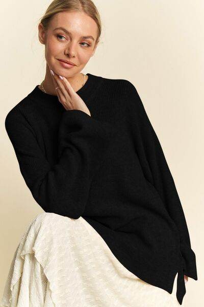 Davi & Dani High-Low Round Neck Drop Shoulder Sweater - Hovatok