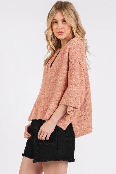 Mittoshop Side Slit Notched Drop Shoulder Sweater - Hovatok