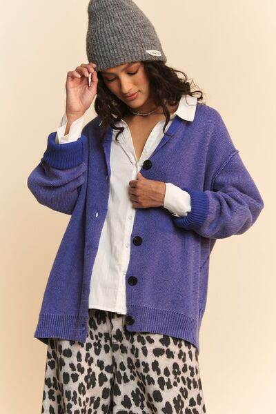 Davi & Dani Shawl Collar Ribbed Detail Button Up Cardigan - Hovatok